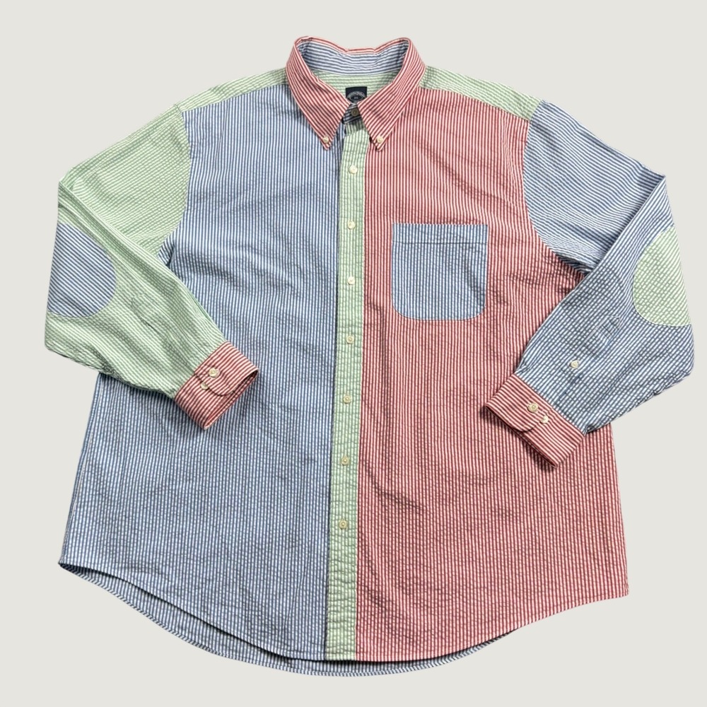 Brooks Brothers Mens 2XL Seersucker Fun Shirt Multi Color Striped Elbow Patch